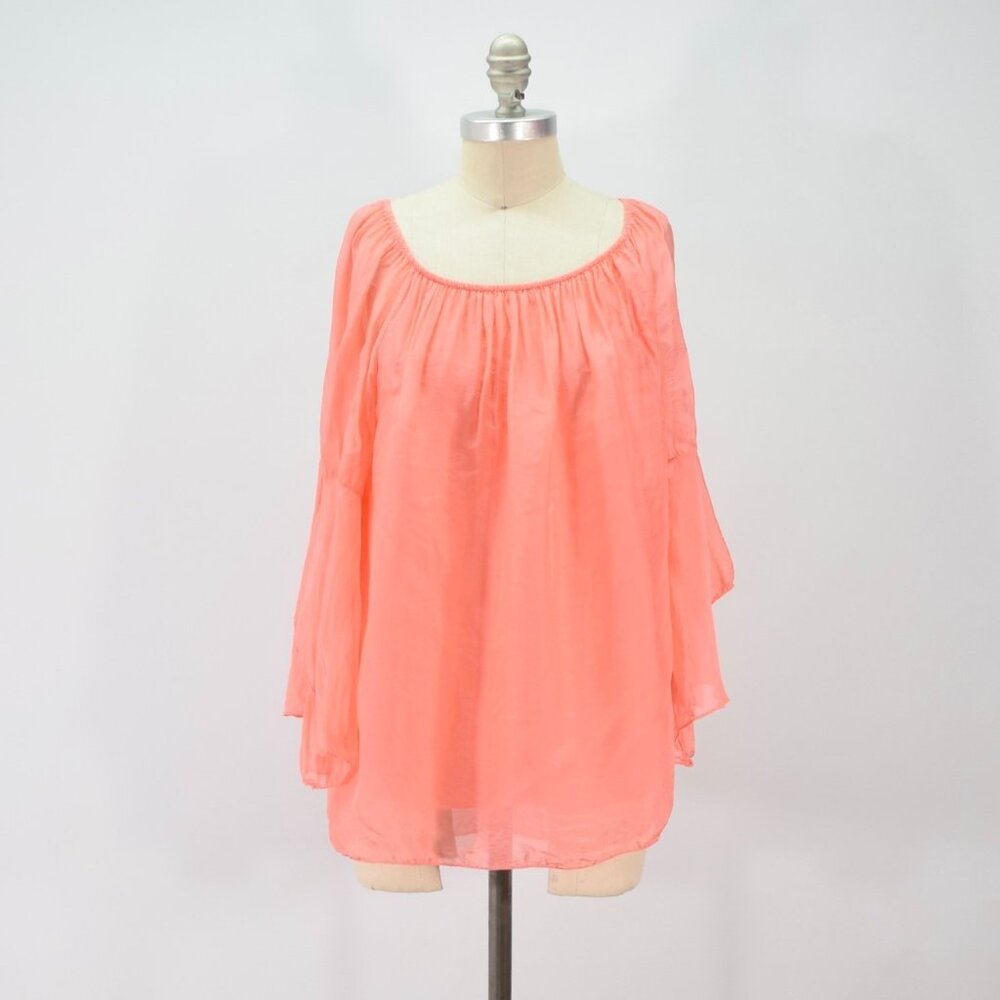 Sofia Blouse M Coral-Pink Sheer Silk Chiffon Bell Sleeve Oversized Tunic